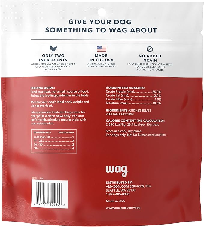 Amazon Brand – Wag Whole Muscle Chicken Jerky Dog Treats, 1 lb, Made in USA