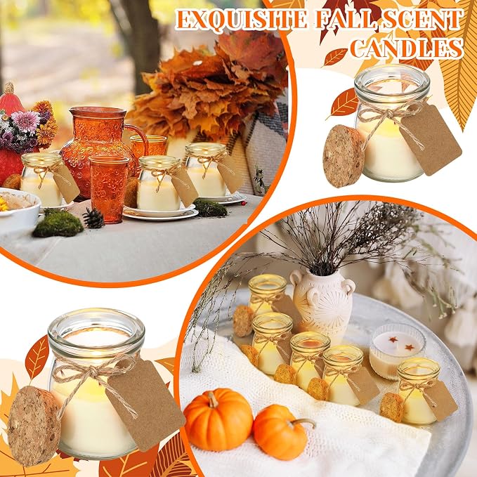 MTLEE 24 Pcs Fall Jar Candles Holiday Candle Gifts Natural Wax Jar with DIY Tag Cards Gift for Halloween Thanksgiving Party Favor Home Supply Decor, Scents of Pumpkin Cake/Apple/Syrup/Ginger Pumpkin