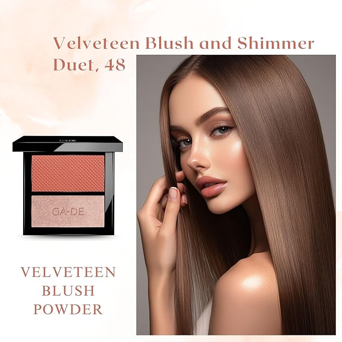 GA-DE Velveteen Blush and Shimmer Duet, 48 - Formulated with Micronized Pearls and Pigments for Sculpting Face and Décolleté - Paraben-Free - 0.26 oz