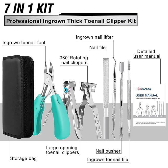 Toenail Clippers for Seniors Thick Toenails, Aucurwen Heavy Duty Toe Nail Clippers Adult Thick Nails Long Handle, Large Toenail Clippers for Thick Nails 7Pcs(Cyan)