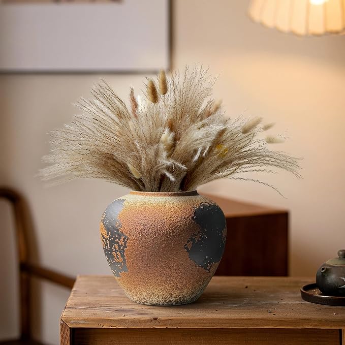 GeLive Round Ceramic Vase Brown Rustic Textured Moon Jar Table Centerpiece Pottery Vase Decorative Planter Pot Flower Container for Fresh Dried Plants Home Decor Kitchen Utensil Holder