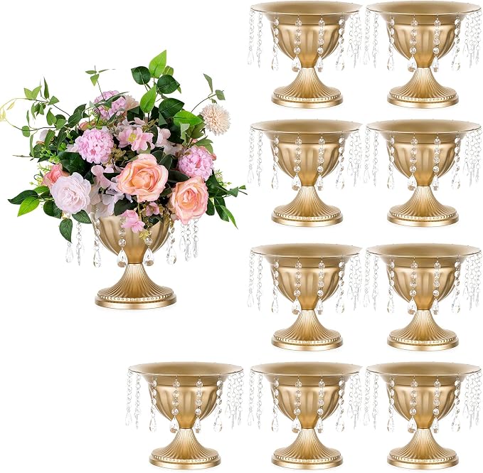 Sziqiqi Gold Urn Vase for Wedding with Crystal Beads, Compote Vase, 10Pcs | 8.6in Tall Metal Large Flower Arrangements, Pedestal Footed Bowl Planter, For Wedding, Party, Event, Birthday, Home Decor