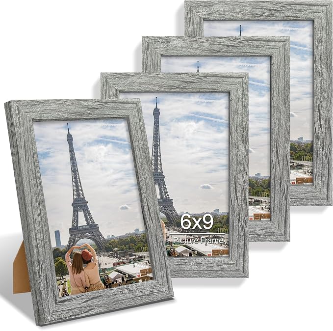 Hongkee 6x9 Picture Frame Set of 4, Made of Real Glass and Grey Wooden Frame - 6 by 9 Photo for Wall or Tabletop Display