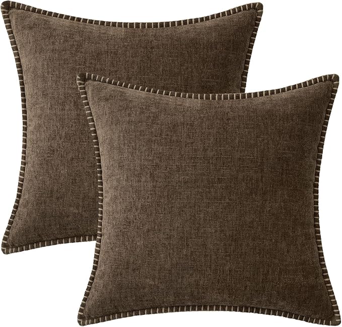 MIULEE Decorative Couch Throw Pillow Covers 16x16 Inch Brown 2 Pack | Farmhouse Pillow Covers with Stitched Edge, Soft Chenille Cushion Cases, for Sofa Bed Living Room Home Decor