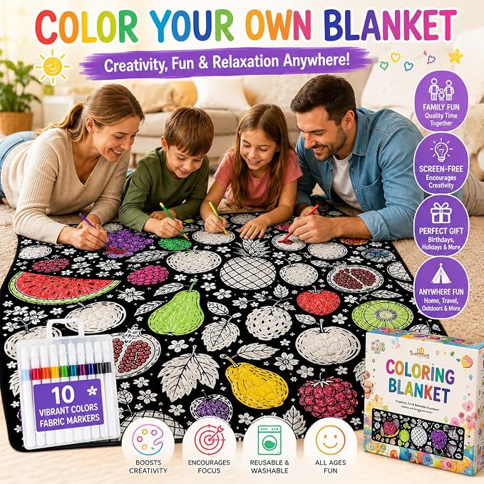 VEELU DIY Coloring Blankets with 24 Colors Markers for Adults | Custom Color In Your Own Blankets With 24 Colors Markers, Snuggle Color Sketch Washable Blankets Kit Home Decor