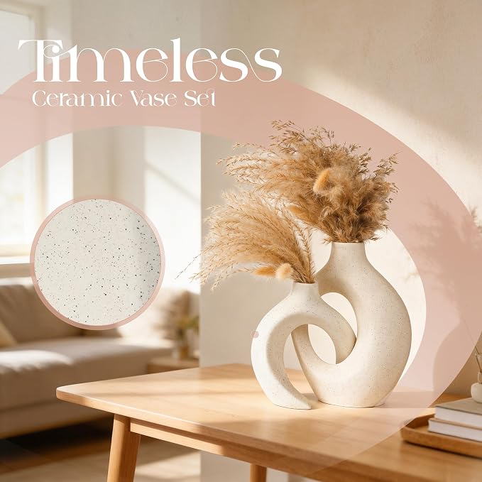 Set of 2 Elegant Donut Style Ceramic Vases – Boho Nordic Romantic Hugging Flower Decorative Vases for Pampas Grass, Bedroom, Living Room, Mantle, Book Shelf, Entryway Table 8.4 Inch Beige