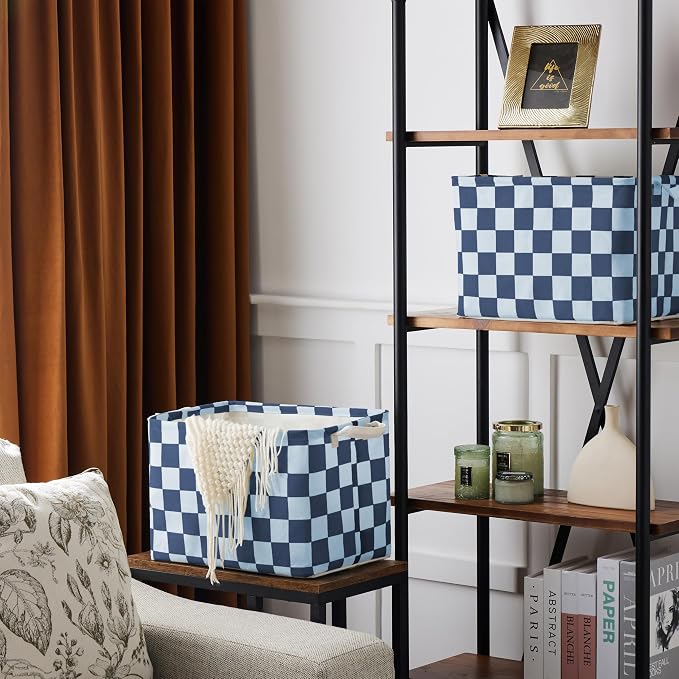 Ohocut Navy Blue Checkered Canvas Basket, Rectangular Organizing Decorative Storage Basket for Kids Dog Toy, Cute Aesthetic Race Cars Boy Room Decor for Home, Kitchen, Bedroom, Classroom, Shelves