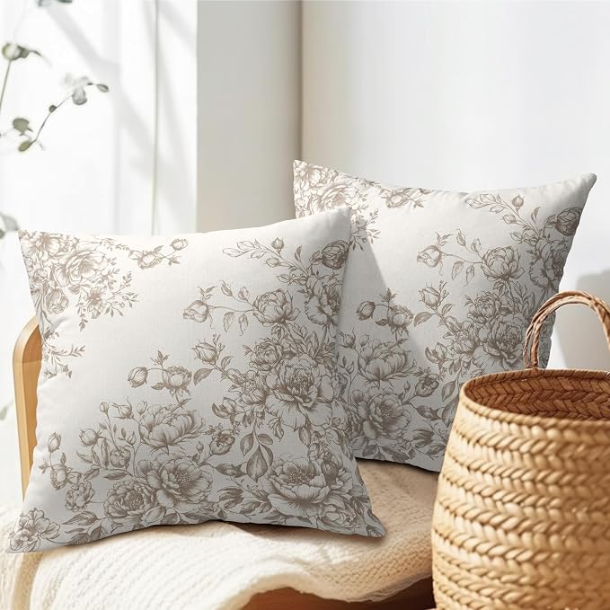 Kawani Chinoiserie Floral Throw Pillow Covers Set of 2, Tan Brown Vintage Flower Outdoor Pillowcase Couch Sofa Cotton Linen Cushion Covers for Seasonal Home Decor and Gift 20inX20in