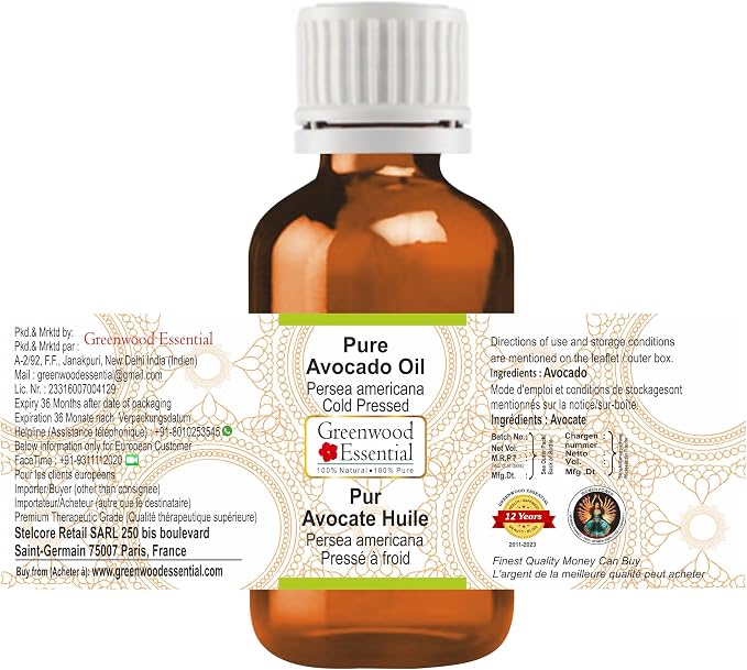 Greenwood Essential Pure Avocado Oil (Persea americana) Cold Pressed 100ml (3.38 oz)
