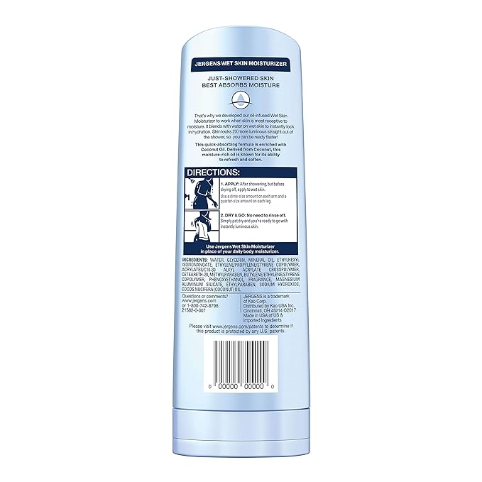 Jergens Wet Skin Body Lotion with Coconut Oil, In Shower Lotion for Dry Skin, Fast-Absorbing, Non-Sticky, Dermatologist Tested, 10 Ounce (Pack of 4)