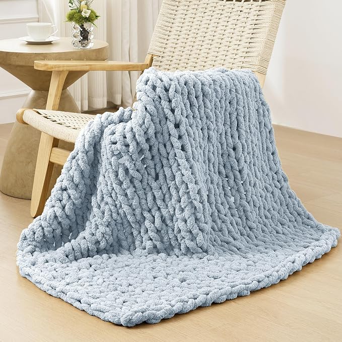 Bigacogo Chunky Knit Throw Blanket for Couch, 40x40 inches, Fog Blue | Hand Knit with Jumbo Chenille, Soft Breathable Cable Knit for Sofa Bed Living Room, Machine Washable, Gift for Mom Friend