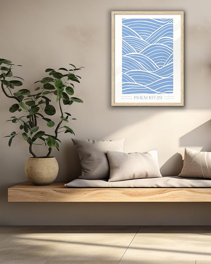 EcoHest 12x16 in Psalm 107:29 Ocean Waves Christian Framed Wall Art | Natural Oak Wood Frame with Canvas Wall Art, Scripture Bible Verse Decor for Bedroom, Living Room, Office, Church, 1Pack
