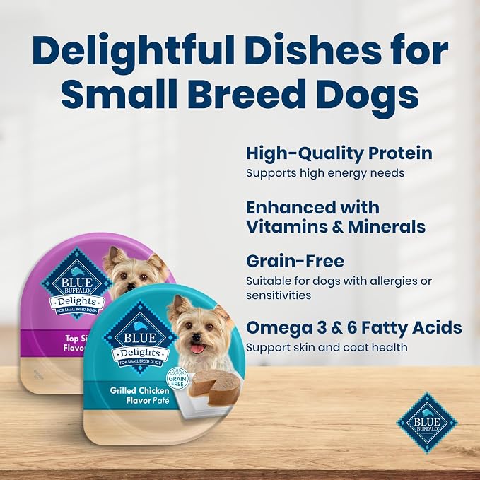 Blue Buffalo Delights Variety Pack Small Breed Wet Dog Food, 3.5 oz, 12 ct | Top Sirloin & Grilled Chicken (6 of Each), Grain-Free, Pate Style, No Corn, Wheat, or Soy
