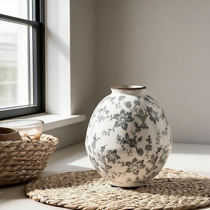 5.83 Inch Vintage Gray Chinoiserie Floral Vase, Antique Rustic Ceramic Vase for Home Decor, Living Room, Bookshelf, Office, Entryway, Garden, Chinoiserie Decor, Tuscan Decor