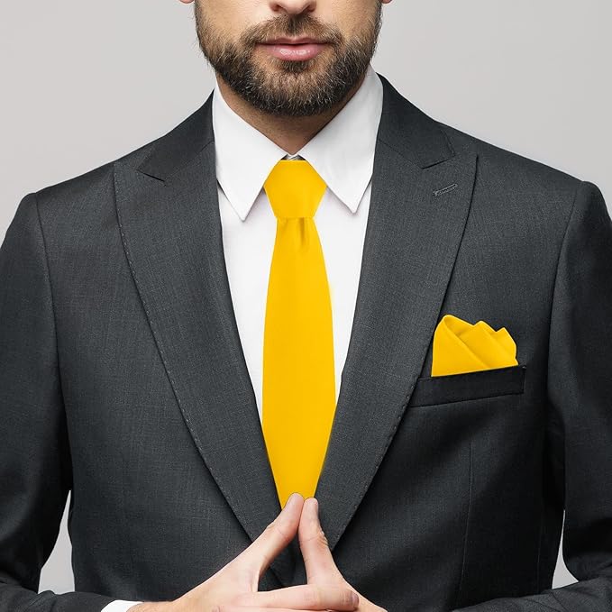 Black Tie Set in Gift Box Mens Solid Color 3.15" (8CM) Black Necktie and Pocket Square Set