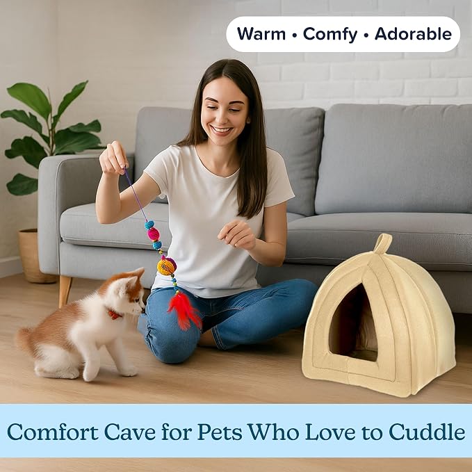 Cat House - Indoor Bed with Removable Foam Cushion - Pet Tent for Puppies, Rabbits, Guinea Pigs, Hedgehogs, and Other Small Animals by PETMAKER (Tan) | Plush Cat Tent Bed for Small Kittens, Rabbits, Guinea Pigs, and Other Small Animals, Comfortable Coz...