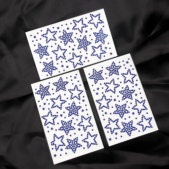 3 Sheers Independence Day Rhinestone Sticker Dark Blue Star Gem Stickers Patriotic Self Adhesive Jewels Sticker for Eye Face Body Nails Crafts Party Decor 4th of July Sparkle Crystal Hair Diamond