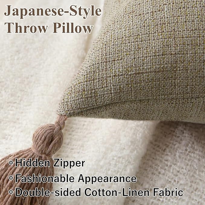 Decorative Throw Pillow with Tassels, 18x18 Farmhouse Pillows with Inserts, Square Boho Pillow for Couch, Patio, Bed, Sofa Decor (Light Linen, 18" x 18"(Pack of 2))