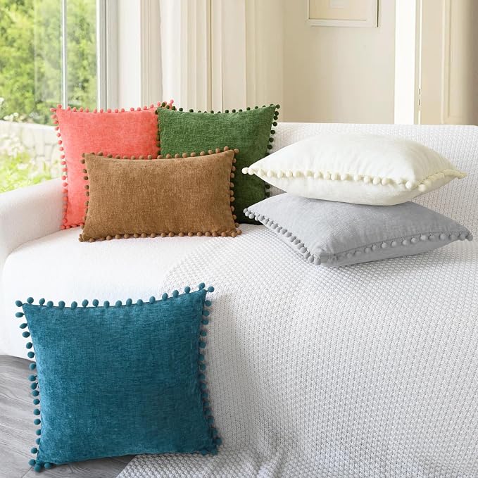 CaliTime Decorative Couch Throw Pillow Covers 18 X 18 Inches Forest Green | Pack of 2, Cozy Chenille Cushion Cases, with Pom Poms for Sofa Bed Living Room Farmhouse Home