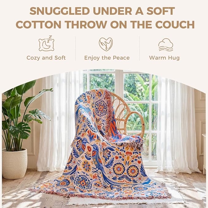 LUTBM Boho Throw Blanket for Couch 50"x60", Cotton Decorative Bed Throw | Reversible Floral Bird Jacquard, All-Season Muslin Blankets, Lightweight Breathable Gauze, For Chair Sofa Living Room Decor