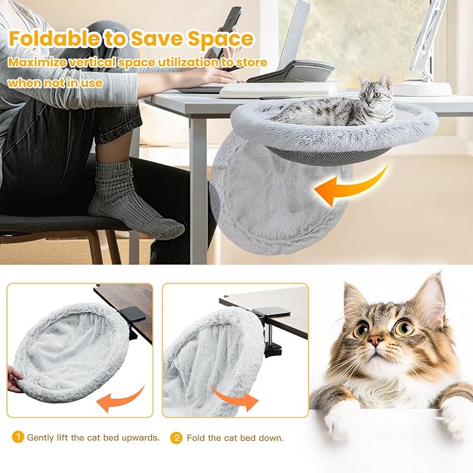 Pawaboo Cat Desk Bed, One-Click Foldable Sunken Cats Hammock up to 40lbs | Cat Side Table Beds with Soft Plush, Reversible & Washable Hanging Cats Bed with Steel Clamp for Game Office Home Desktop