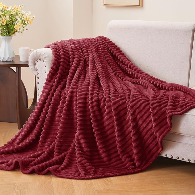 BEDELITE 3D Ribbed Burgundy Fleece Throw Blanket for Couch, 50x60 Inch | Soft Warm Decorative Fluffy Blanket, Cozy Plush Lightweight Fuzzy Throw Blanket for Bed Sofa Home Room Decor, Gift for Women