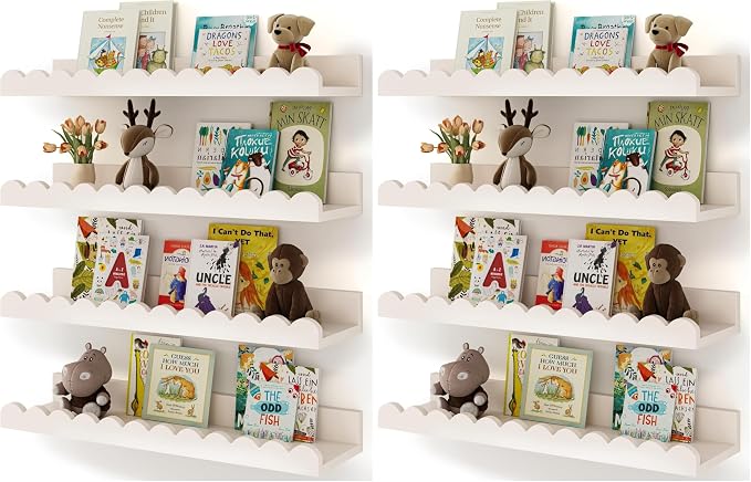 Shario Nursery Book Shelves, 8-Pack White Floating Shelves for Wall Kids, Scalloped Shelves, Wall Book Shelves for Bedroom Kids, Toddler Room, Baby Room, Nursery Decor