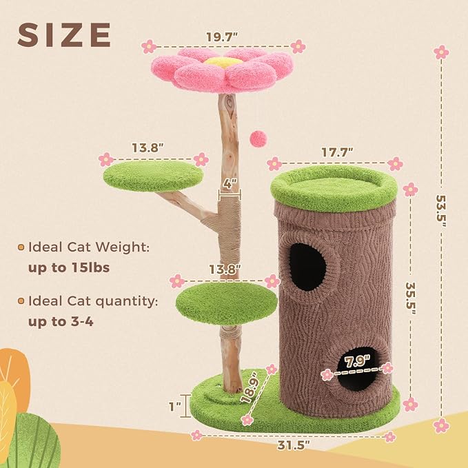 MUTTROS Flower Wood Cat Tree, 53.5" Modern Cat Tower with 2 Condos | Natural solid wood scratching post, durable 2 condos and forest-style design for indoor and multi-cat households