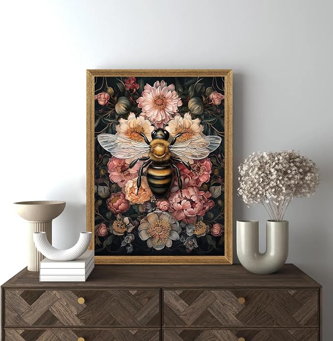 ICHZUMW Framed William Morris Bee Floral Vintage Canvas Wall Art 12x16 In | Dark Cottagecore Prints, Antique Aesthetic Bumblebee Wall Decor for Bedroom Living Room Bathroom Office, Ready to Hang