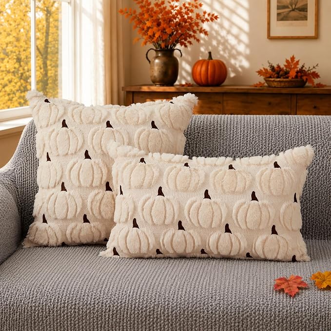 DFXSZ Fall Pillow Covers 12x20 2Pcs Beige Brown Pumpkin Fall Decorations | Fall decor Set of 2 Throw Pillow Cases Soft Plush Faux Fur Wool Couch Cushion for Chair Sofa Bedroom Living Room Home Decor