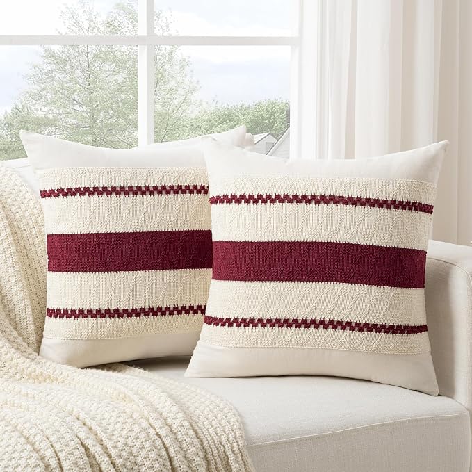 Fancy Homi Set of 2 Burgundy Boho Euro Decorative Throw Pillow Covers 26x26 Inch for Couch Bed Sofa, Aesthetic Modern Farmhouse Christmas Room Decor, Soft Cotton Cute Textured Cushion Case