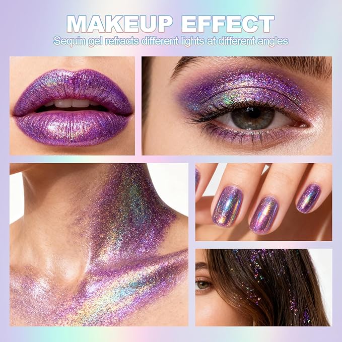 Erinde Holographic Body Glitter Gel, Roll-On Face Hair Glitter for Mermaid Makeup Festival Party Rave Accessories, Chunky Sequins Chameleon Shimmer Christmas Makeup for Women Girls, 04 Deep Purple