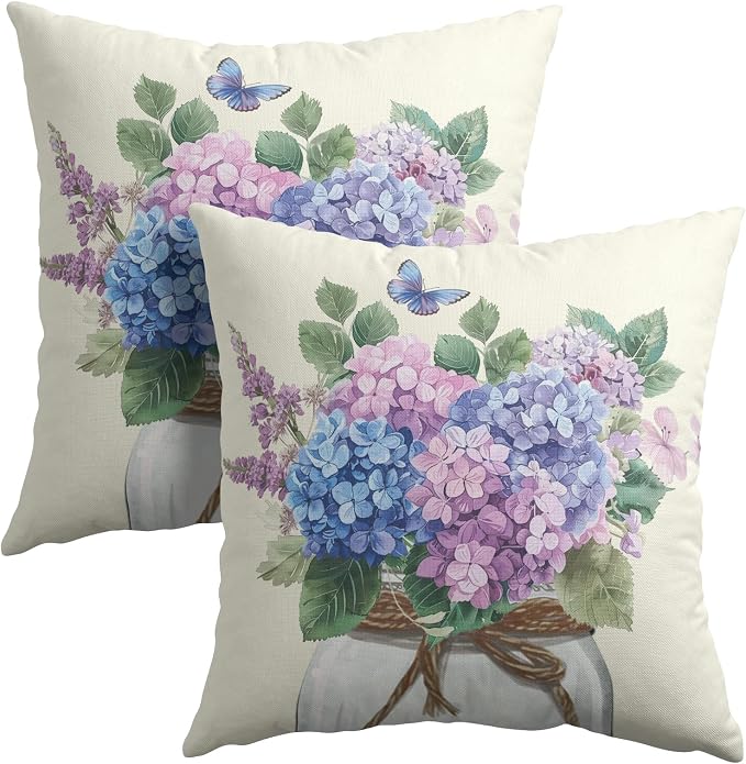 Kawani Purple Blue Hydrangea Pillow Covers 20x20 Set of 2 Watercolor Butterfly Floral Leaves Mason Jar Decorative Pillow Cases Cotton Linen Cushion Cover for Couch Sofa Outdoor Home Decor