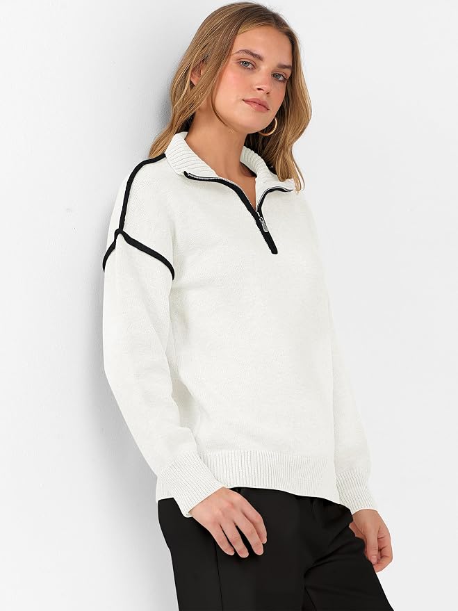 ANRABESS Womens Quarter Zip Sweaters Fall Long Sleeve V Neck Shirts Collared Business Casual Tops Knit Pullover Sweatshirts