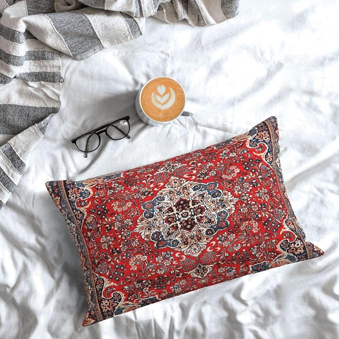 Red Blue Sarouk Persian Carpet Print Pillow Covers Decorative Lumbar Throw Pillowcase 12x20 Inch Couch Cushion Cover for Home Decor Living Room Bedroom College Dorm Bed Car Sofa