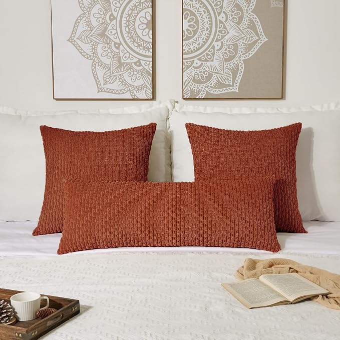 Kevin Textile Soft Corduroy 20"x54" Body Pillow Cover 1 Pack, Rust | Fall Boho Stripe Plush Corduroy Decorative Oblong Cushion Cover Modern Farmhouse Home Decor for Sofa Couch Bed Chair