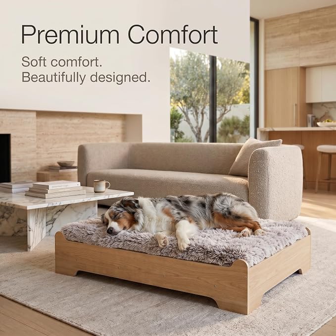 Elevated Wood Dog Bed Frame with Foam Mattress, WoodPattern, M | Raised Dog Bed with Washable Cover, Furniture-Style Design for Indoor Living