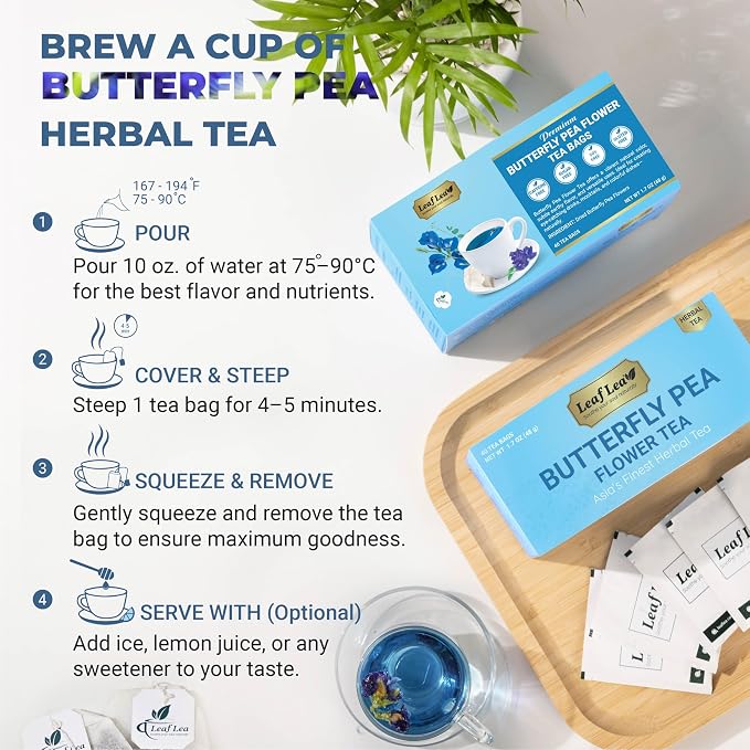 LeafLea 40 Butterfly Pea Flower Tea Bags, Herbal Flower Tea for Relaxation, Mocktails, and Natural Food Coloring, Caffeine-Free, Sugar-Free, Non-GMO