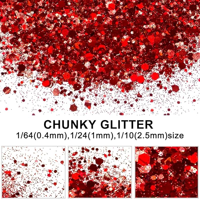 Red - Craft Glitter - 2oz Glitter Shaker Bright Colorful Holographic Mix Chunky Body Glitter Bulk Wholesale 24 Colors in Shaker Cosmetic Glitter - EBLB300
