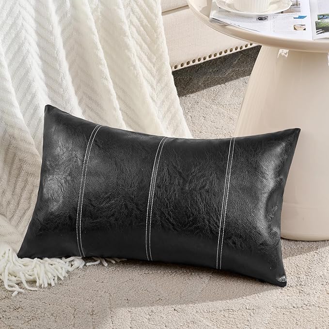 Fancy Homi Black Lumbar Faux Leather Decorative Throw Pillow Covers 12x20 Inch for Living Room Couch Bed Sofa, Boho Farmhouse Home Decor, Hand Stitched Rectangle Cushion Case 30x50 cm