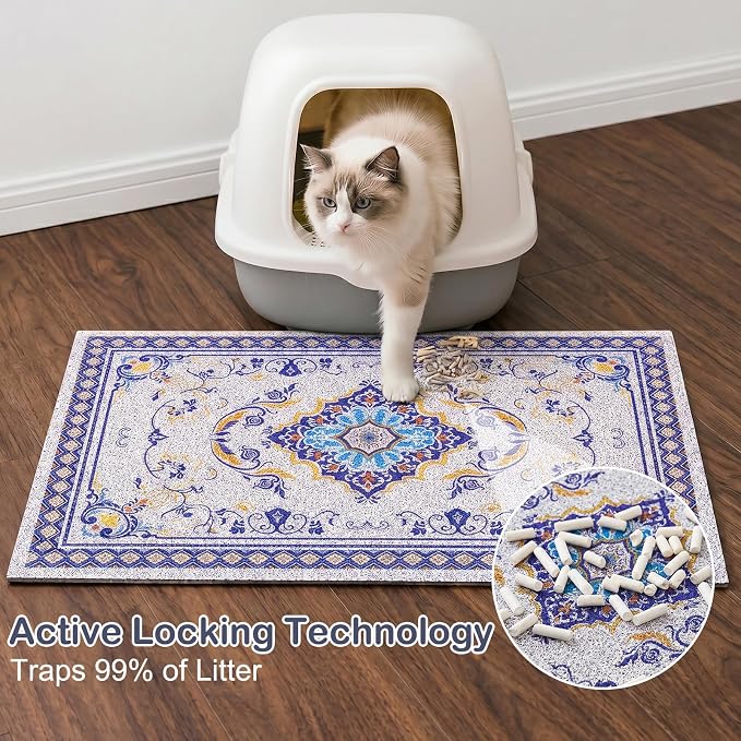 Glittme Cat Litter Mat with Non-Slip Bottom Litter Box Mat 40"x30" Litter Trapping Mat Easy to Clean Washable Cat Food Mat for Kitty,XL
