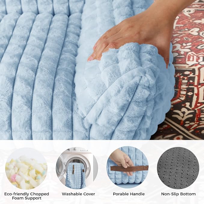 Cat Couch Bed with Fluffy Faux Rabbit Fur for Indoor Cats, 30 Inch | Cute Fuzzy Cat Sofa Recliner With Washable Cover, Suppportive Cozy Pets Couch in 3D Diamond Pattern, Light Blue