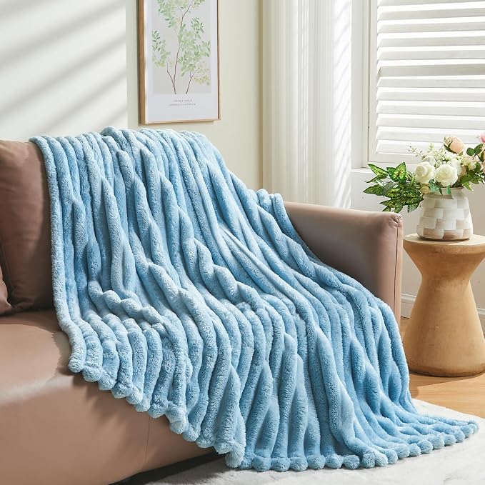 NEWCOSPLAY Fleece Ribbed Cozy Throw Blanket for Couch, Blue, 50"x60" | Premium Silky Flannel Blanket, Soft Lightweight Fluffy Throw Blanket for Bed Sofa Decor, Gift for All Season Use