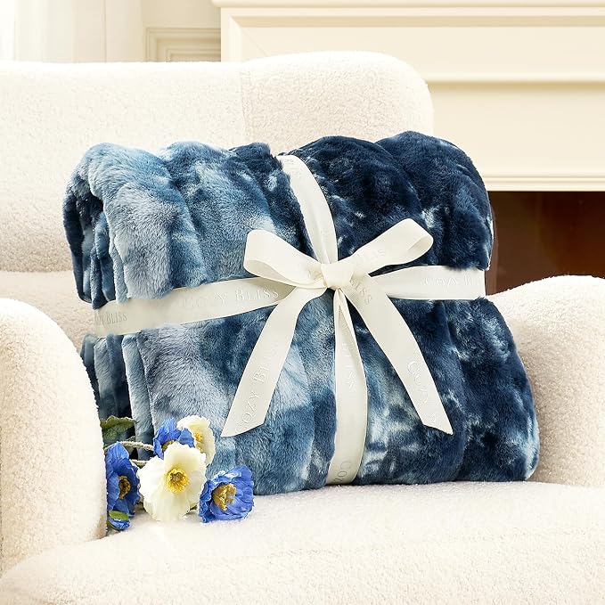 Cozy Bliss Deluxe Striped Rabbit Faux Fur Throw Blanket, Soft Fluffy Warm Plush Blanket for Winter, Modern Homr Decor, Tie-dye Blue 50"x60"