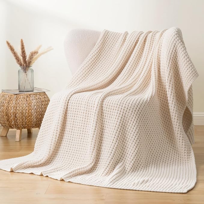 Cream White Throw Blanket for Couch Bed, Waffle Knit Throw Blanket 60"x80" | Ivory Chunky Chenille Throw Blanket, Modern Farmhouse Knitted Blankets, Warm Decorative White Blanket Throw for Home Decor