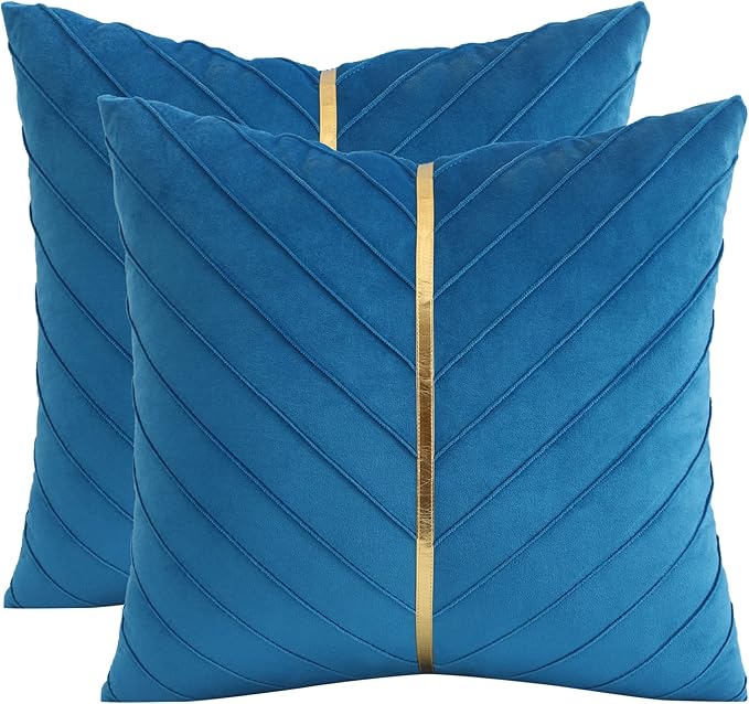 Velvet Throw Pillow Covers 18x18 Pack of 2 Gold Decor Lake Blue | Soft Solid Pillow Covers,Modern Luxury Home Decor,for Couch Chair Sofa Bedroom Livingroom,Hidden Zipper,Ideal Gift,Easy Care