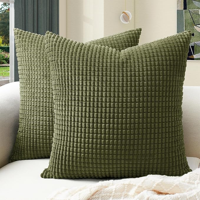 Softalker 2 Pack Corduroy Decorative Throw Pillow Covers 18x18, Olive Green | Soft Boho Striped Pillow Cases, Couch Fluffy Cushion Covers for Farmhouse Home Decor Bed Living Room