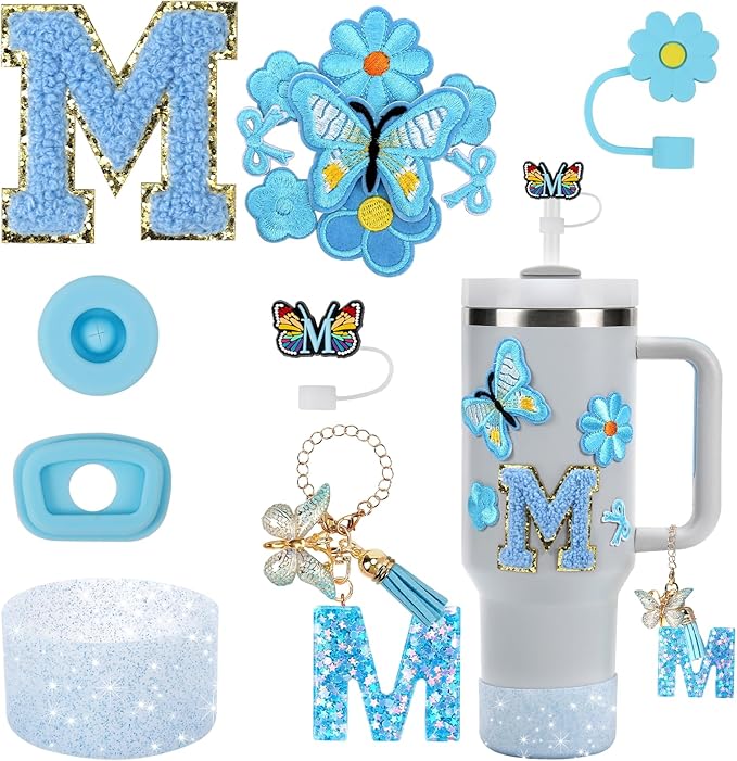 15PCS Cup Accessories Set for Stanley Cup 30oz 40oz Tumbler with Handle, Including Silicone Straw Cover and Boot, Spill Proof Stopper, Stanley Charms, Handle Charm, Initials Sticker