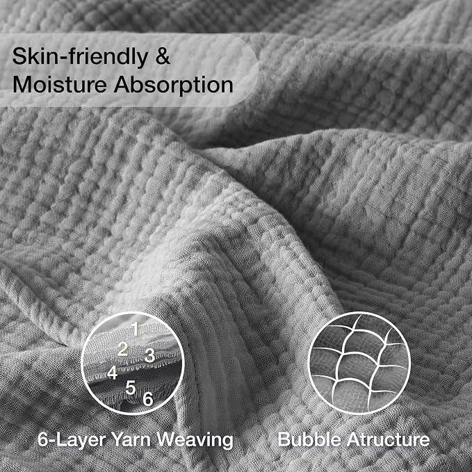 100% Cotton Muslin Blanket Twin XL 66" x 90", Breathable and Cooling Bed Blankets, Soft Boho Coverlet Bedspread, Gauze Bedding for Adults All Season, Grey