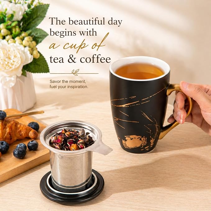 AmorArc Ceramic Tea Cup with Infuser and Lid, 17 Oz, Ceramic Cup with Handle for Steeping Loose Leaf Teas, Steeping Tea Mug with Strainer, Black